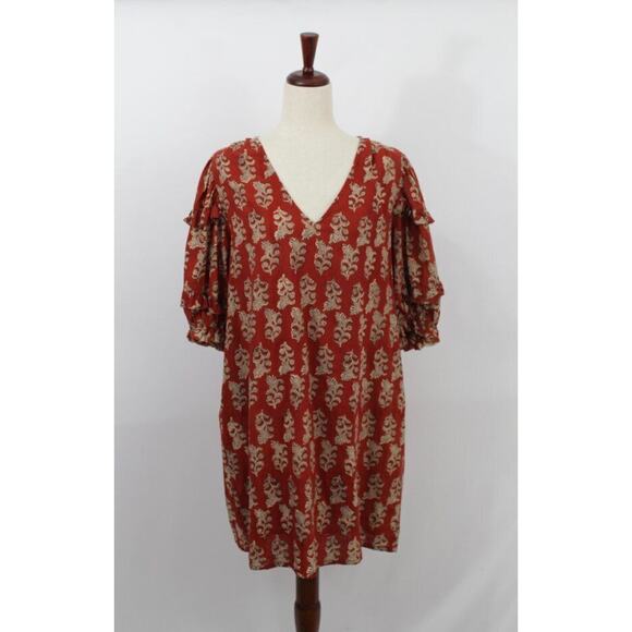 ANNA CATE Sz L Large Rust Rose Floral Cotton Block Print Dress - Picture 2 of 10